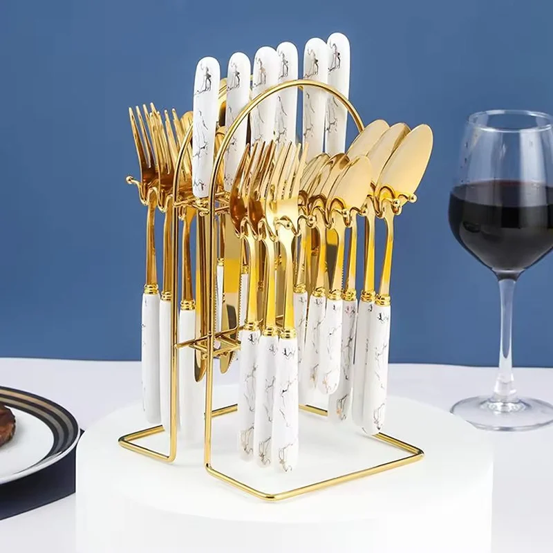 Stainless Steel Gold-Plated Marble Handles Tea Spoon & Fork Spoon Set with Stand Full set 24 pc Stainless Steel Gold-Plated Marble Handles Tea Spoon & Fork Spoon Set with Stand Full set 24 pc